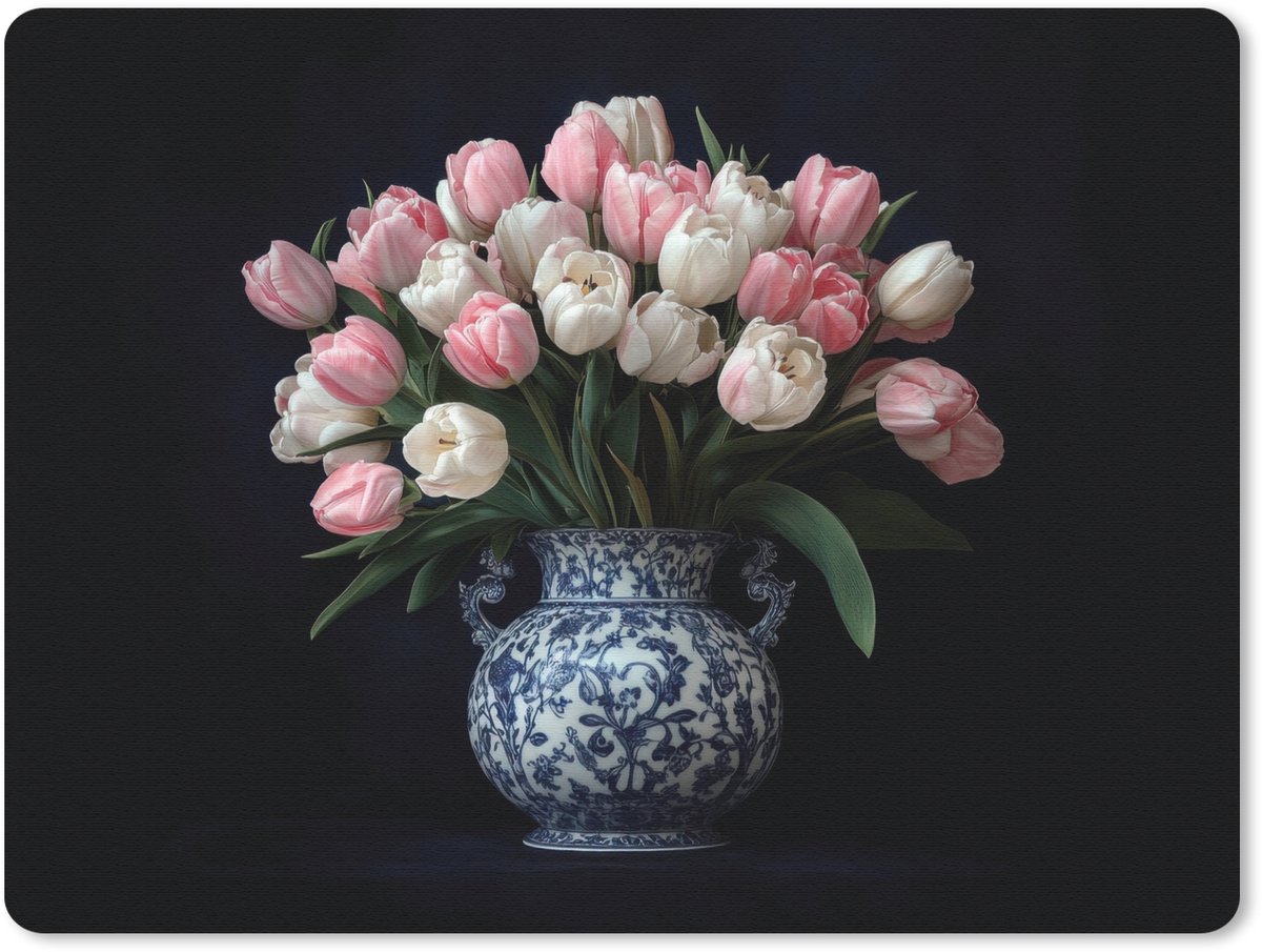Muismat 23x19 cm - Mousepad Bloemen - Roze - Tulpen - Vaas - Muismatten