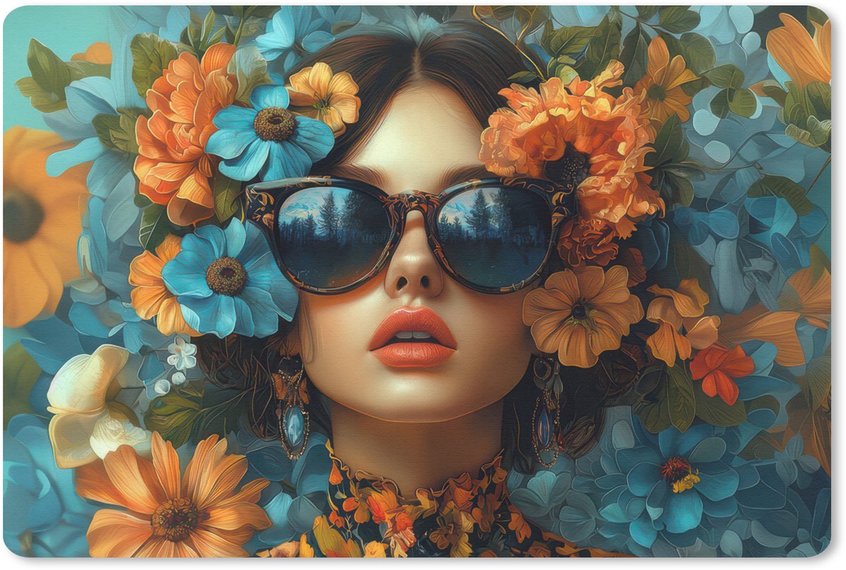Muismat 27x18 cm - Mousepad Vrouw - Bloemen - Oranje - Blauw - Modern - Muismatten
