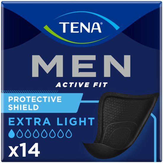 TENA MEN ACTIVE FIT beschermend schild, 14 stuks, extra licht, met "PROTECTIVE SHIELD" tekst.