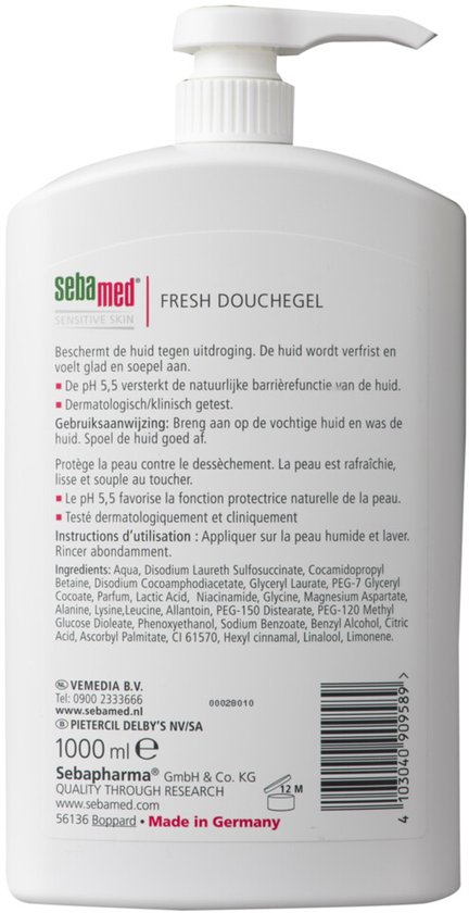 Witte Sebamed douchegel pomp van 1000 ml met informatie over ingrediënten en gebruik. Sebamed Fresh Douchegel.