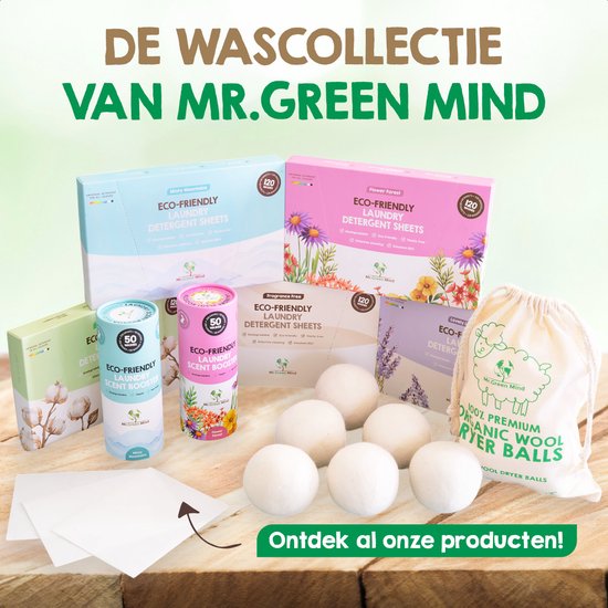 Présentation de la collection de lavage Mr. Green Mind : boules de séchage, feuilles de lessive et boosters de parfum.