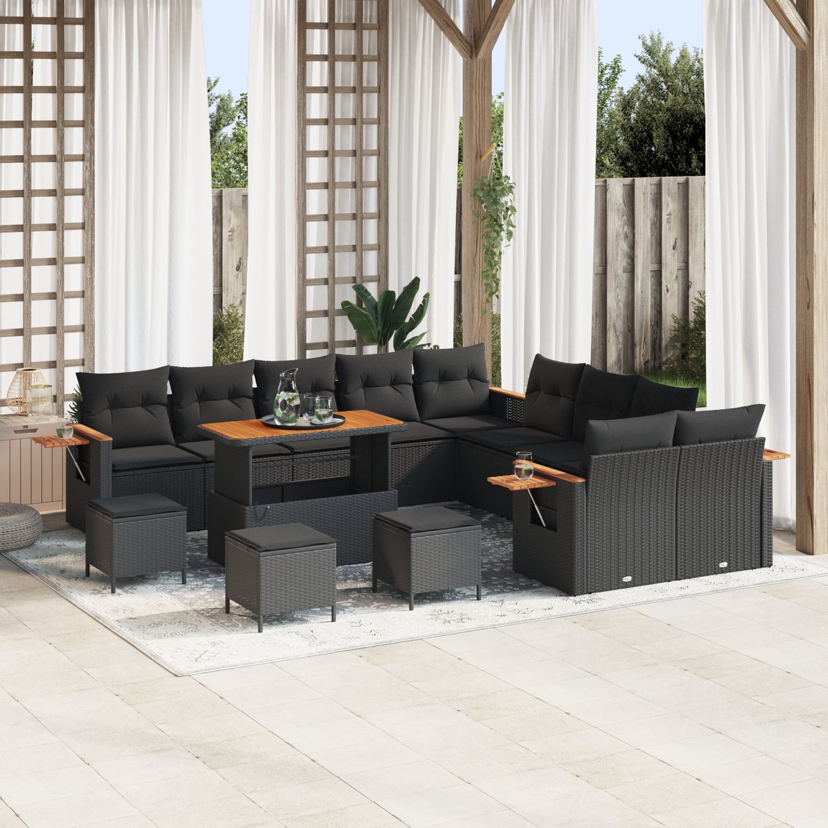 vidaXL - Tuinbank - Set - met - kussen - 18 - pcs - Zwart - poly - rattan