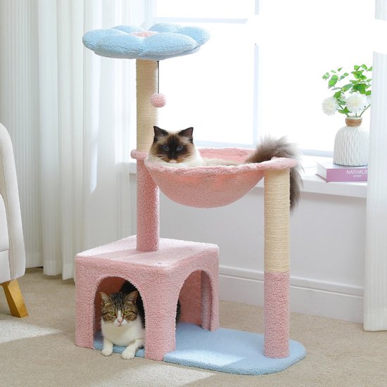 Foto: Kattenboom krabpaal sisal krabpalen met bloem ontwerp 89 cm stabiele hangmat huis voor kleine binnenkatten blauw