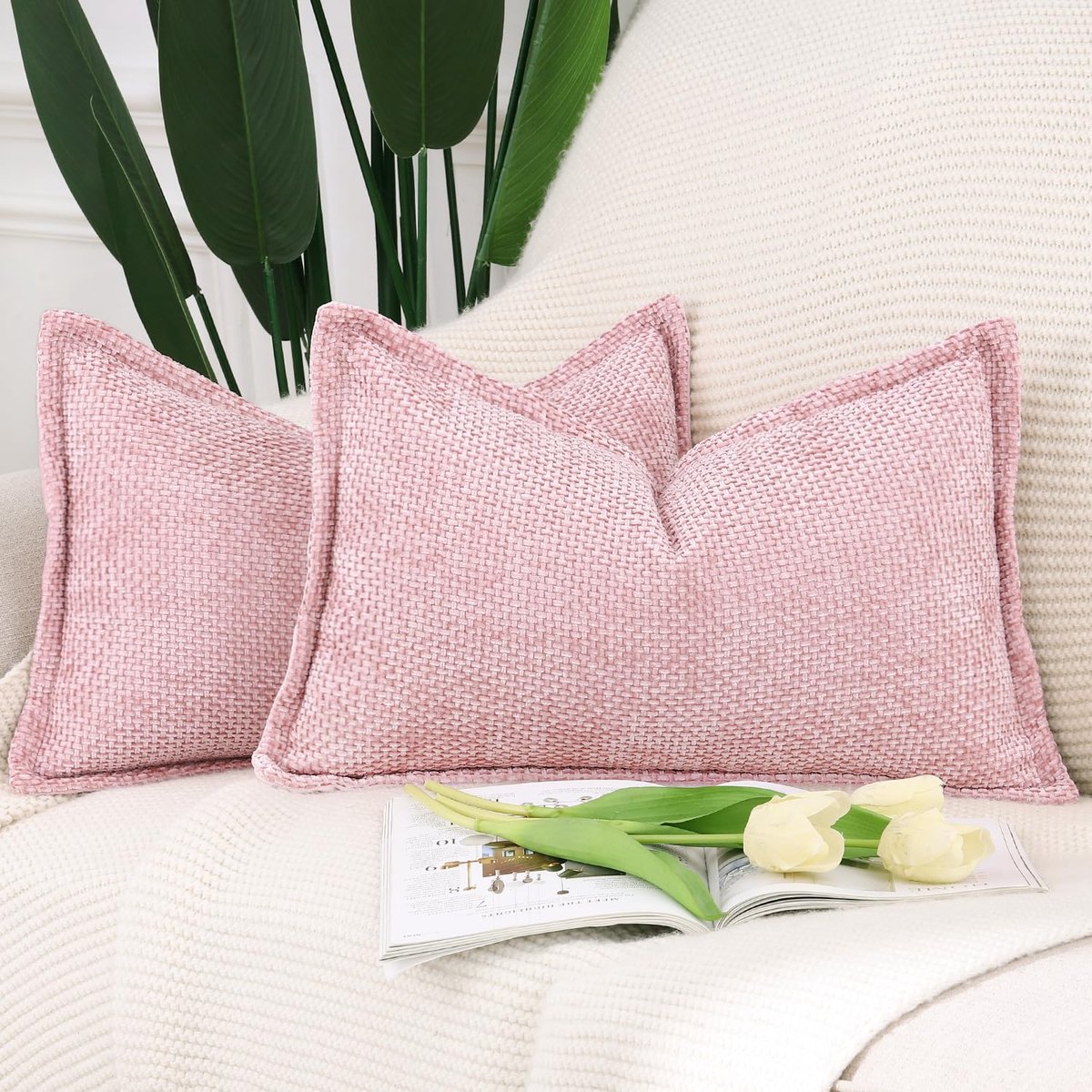 Ibenzoa Zachte Decoratieve Kussenhoezen Set van 2 Chenille Fluweel, Moderne Kussenhoezen voor Bank en Woonkamer, Roze, 40x80cm