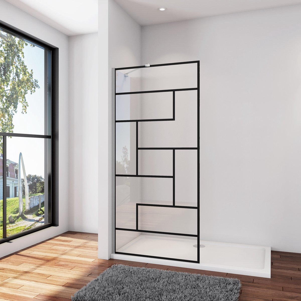 Douchewand-Inloopdouche 70x200cm 8mm NANO Easyclean zwart raster gezeefdrukt gehard glas glanzend chroom aluminium profiel 45cm stabilisatiestang(draaibaar).