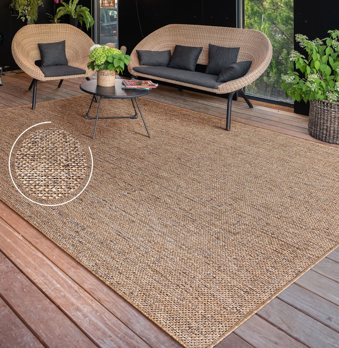 Flycarpets Aamber Jute Buitenkleed - Naturel / Zwart - Buitentapijt - Campingkleed - Vloerkleed buiten - Tuintapijt - 120x160 cm