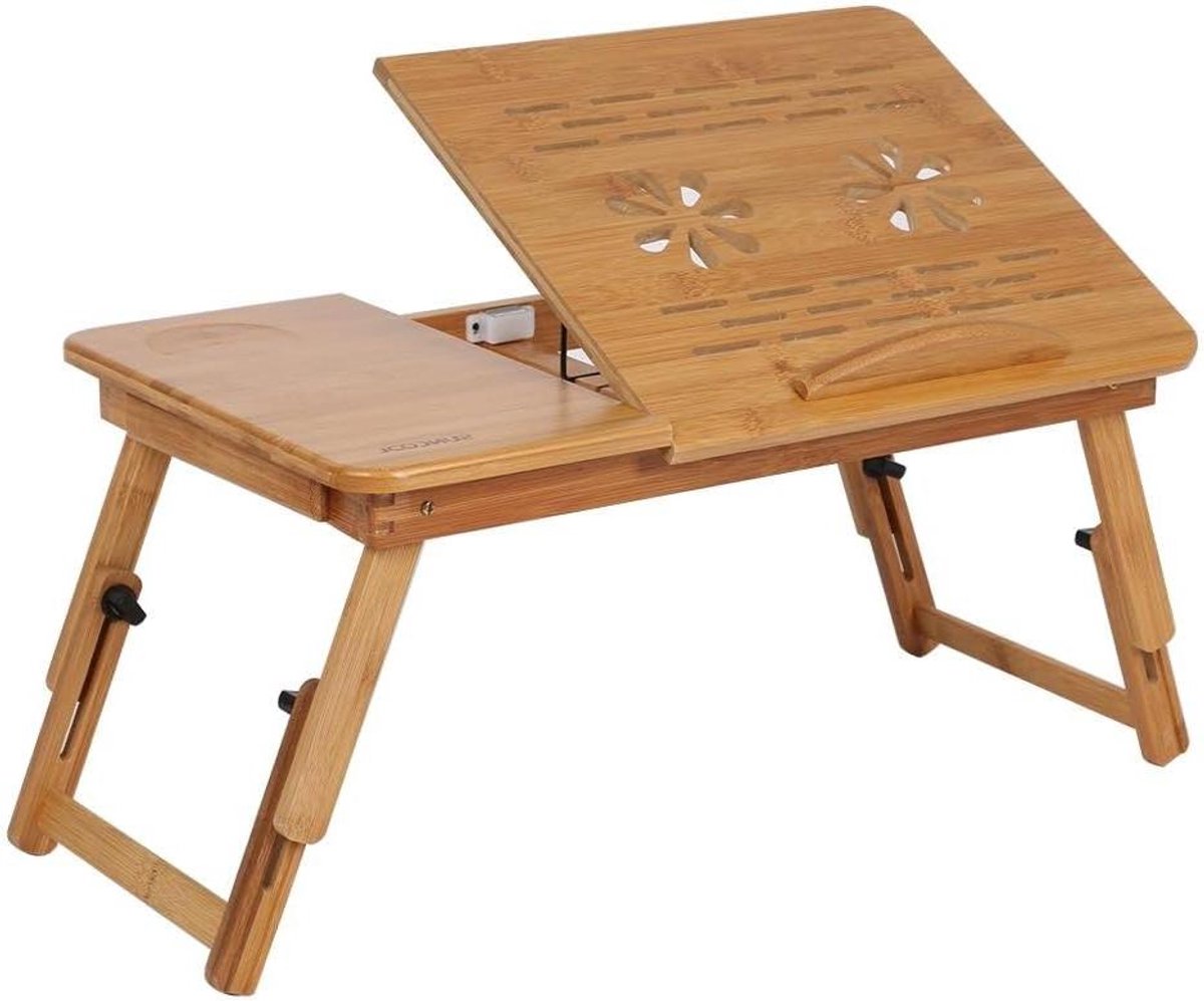 Verstelbaar Bamboe Laptop Bed Bureau - Slaapzaal Lap Bureau met Boek Leeslade - 50 × 30 × 20 cm (Streep en Bloem Vents)