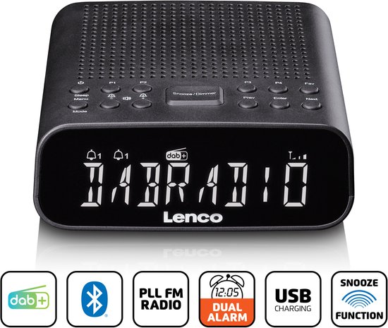 Zwarte digitale wekkerradio met display, knoppen en iconen voor DAB+, Bluetooth, FM, Dual Alarm, USB.