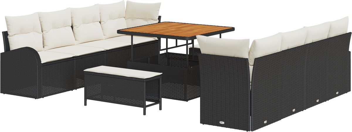 vidaXL - Tuinbank - Set - met - kussen - met - opslag - 11 - pcs - Zwart - en - Crème