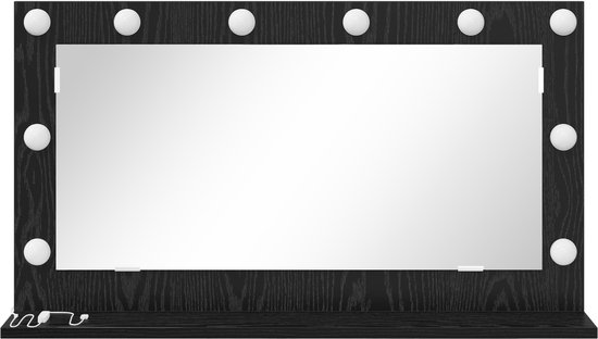 Miroir de maquillage noir avec 12 ampoules et une étagère.