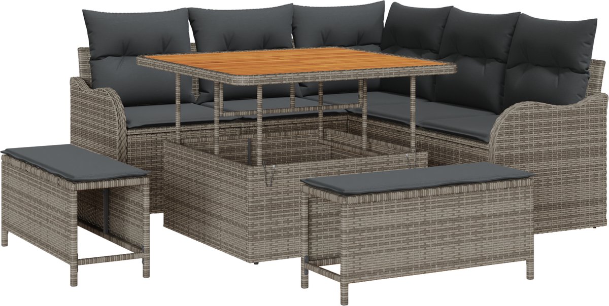 vidaXL - Tuinbank - Set - met - kussen - met - opslag - met - kussen - 8 - pcs - Grijs