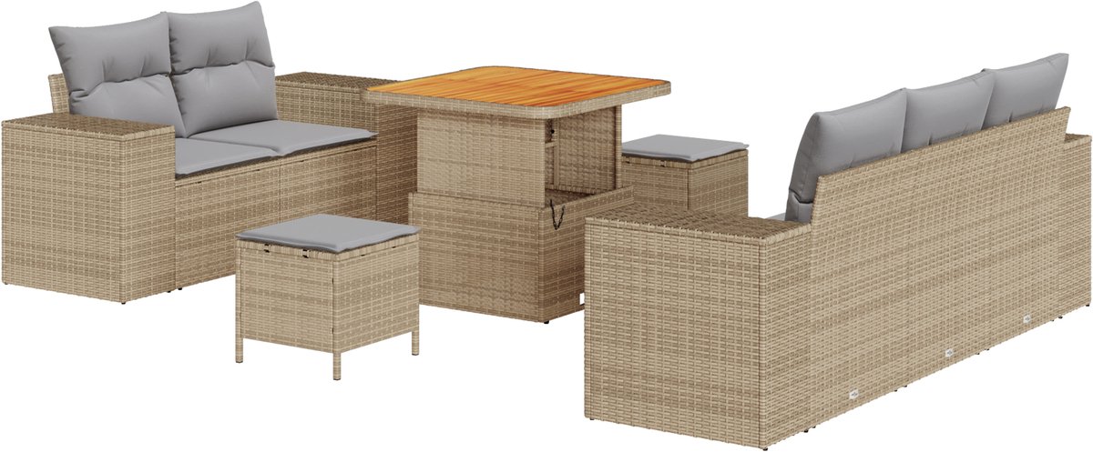vidaXL - Tuinbank - Set - met - kussen - 8 - pcs - Beige - en - Lichtgrijs - Poly - Riet