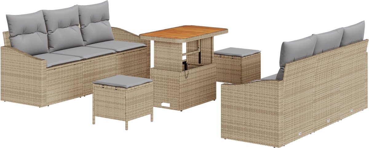 vidaXL - Tuinbank - Set - met - kussen - 9 - pcs - Beige - poly - rattan