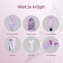 Overzicht van de Sinsaa Tarzan Vibrator set: vibrator, opbergzakje, cleaning spray, giftbox, oplader en handleiding.
