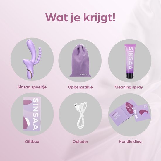 Overzicht van de Sinsaa Tarzan Vibrator set: vibrator, opbergzakje, cleaning spray, giftbox, oplader en handleiding.