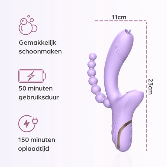 Paarse vibrator, 23cm lang, 11cm breed. Eenvoudig te reinigen, 50 min gebruiksduur, 150 min oplaadtijd.