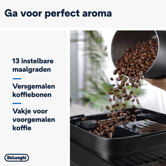 Koffiebonen worden in een zwarte DeLonghi Magnifica Evo Next gegoten. Tekst: "13 instelbare maalgraad".