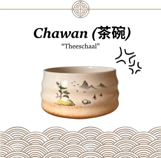 Keramische Chawan (theeschaal) met gedetailleerde landschapsschildering, wit met bruine rand.