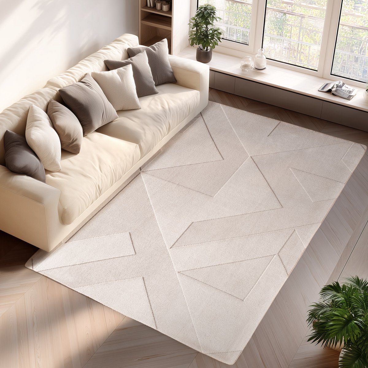 Pompei Quadro Ivory – Geometrisch Blokdesign – Laagpolig – Trending Vloerkleed – 160x230 cm
