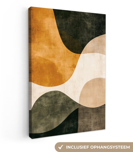Abstract canvas met okergeel, beige en donkergroene golvende vormen, inclusief ophangsysteem.