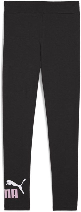 Zwarte legging met roze 'PUMA' logo en kat-logo op de linker broekspijp.