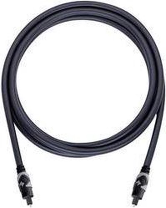 Zwarte optische audiokabel met zilverkleurige connectoren.