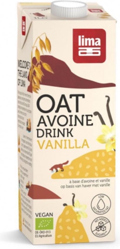 Lima boisson avoine vanille avec une image d'un renard sur un grain d'avoine jaune, gousses de vanille et fleurs.