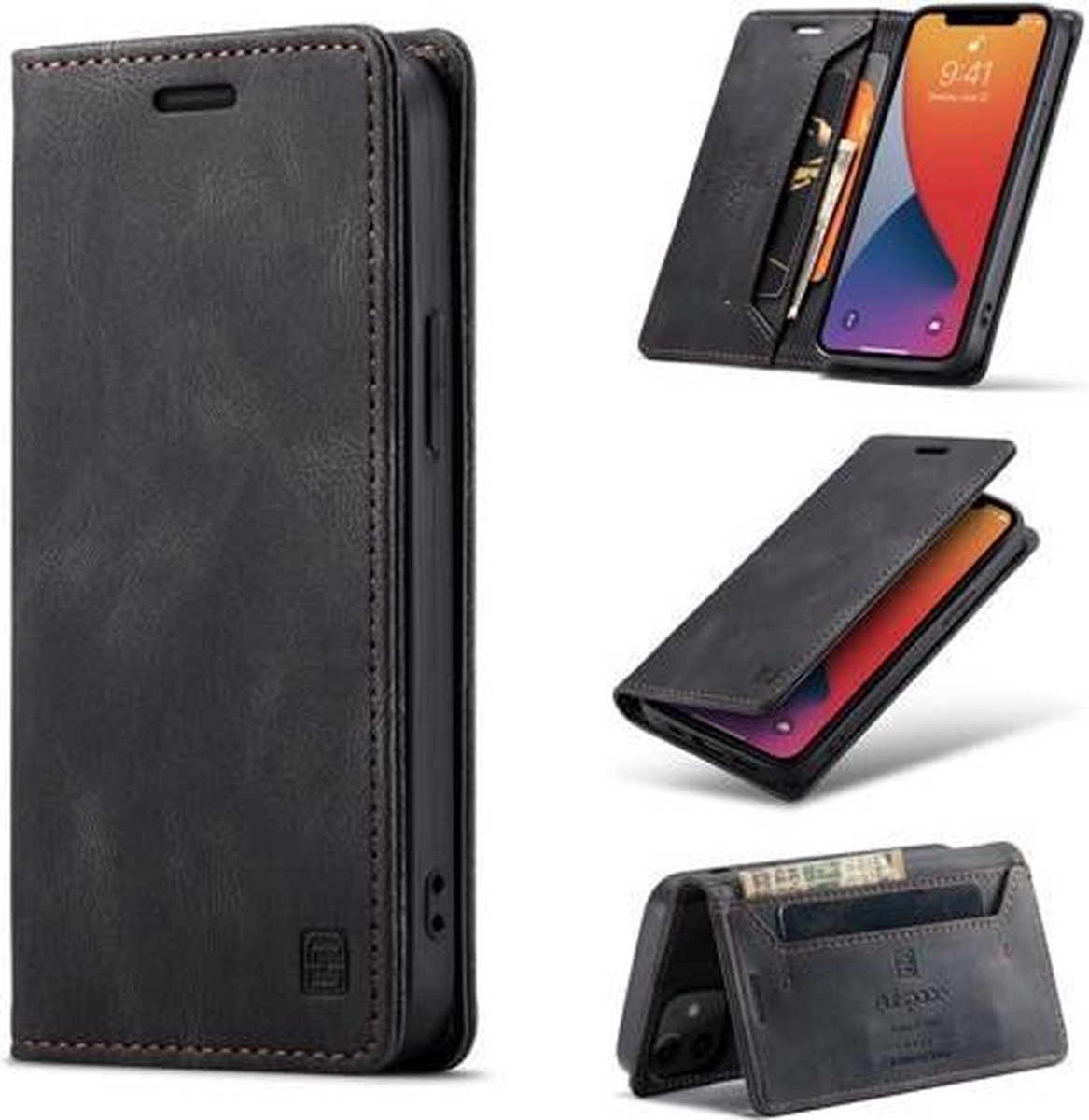 AutSpace - Hoesje geschikt voor Apple iPhone 12 Mini - Wallet Book Case - Magneetsluiting - met RFID bescherming - Zwart