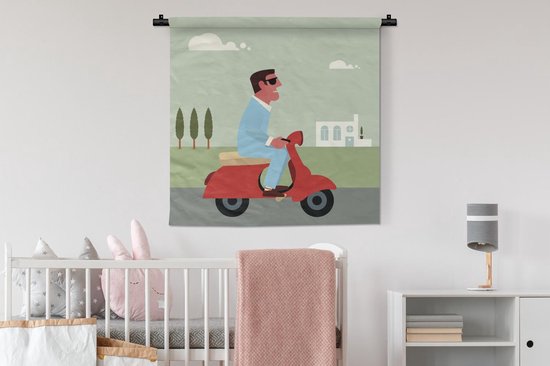 Tapisserie Illustration Vespa - Illustration d'un homme sur une Vespa rouge Tapisserie coton 90x90 cm - Tapisserie avec photo