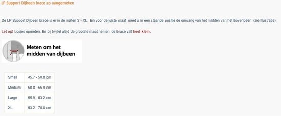 Maattabel voor de LP Support dijbeenbrace in blauw.