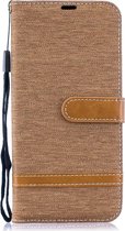 Kleurafstemming Denim Texture Leather Case voor Galaxy A50, met houder & kaartsleuven & portemonnee & lanyard (bruin)