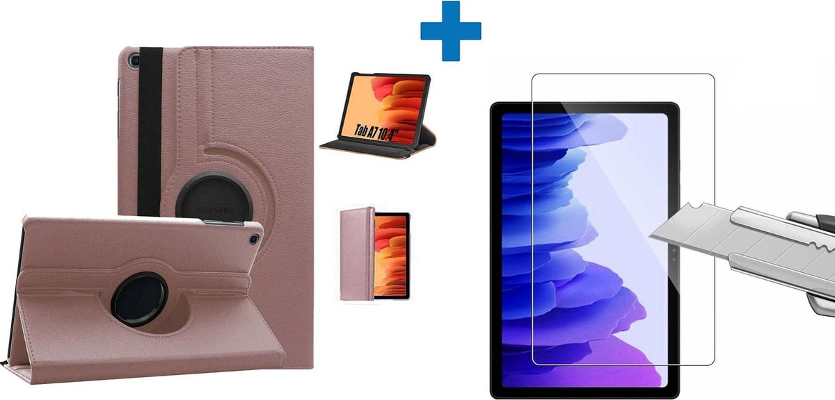 Screenprotector Geschikt voor Samsung Galaxy Tab A7 Hoes - (2020/2022) - 360 graden draaibaar case Rose Goud + screenprotector gehard glas
