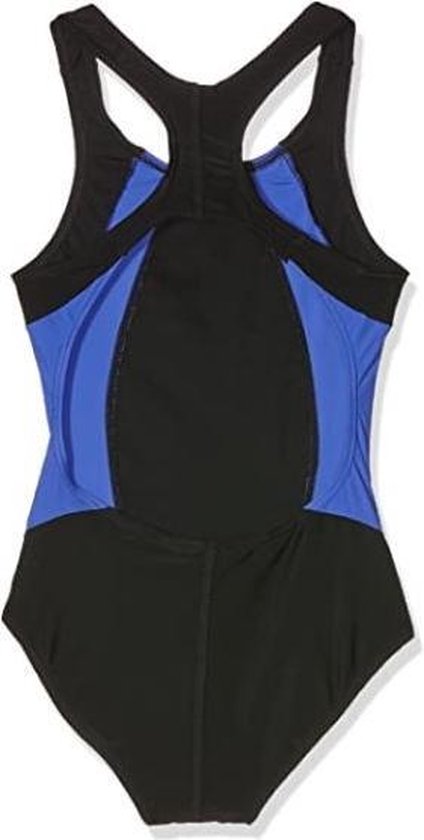 Zwemkostuum met racerback, zwart met blauwe zijpanelen.