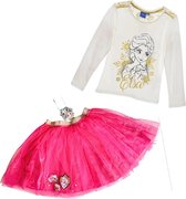 Disney Frozen luxe set - tule rok + longsleeve met goudprint - Fuchsia/wit - maat 110 (5 jaar)