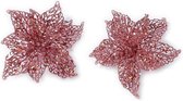 4x stuks decoratie kerstster bloemen roze glitter op clip 18 cm - Decoratiebloemen/kerstboomversiering/kerstversiering