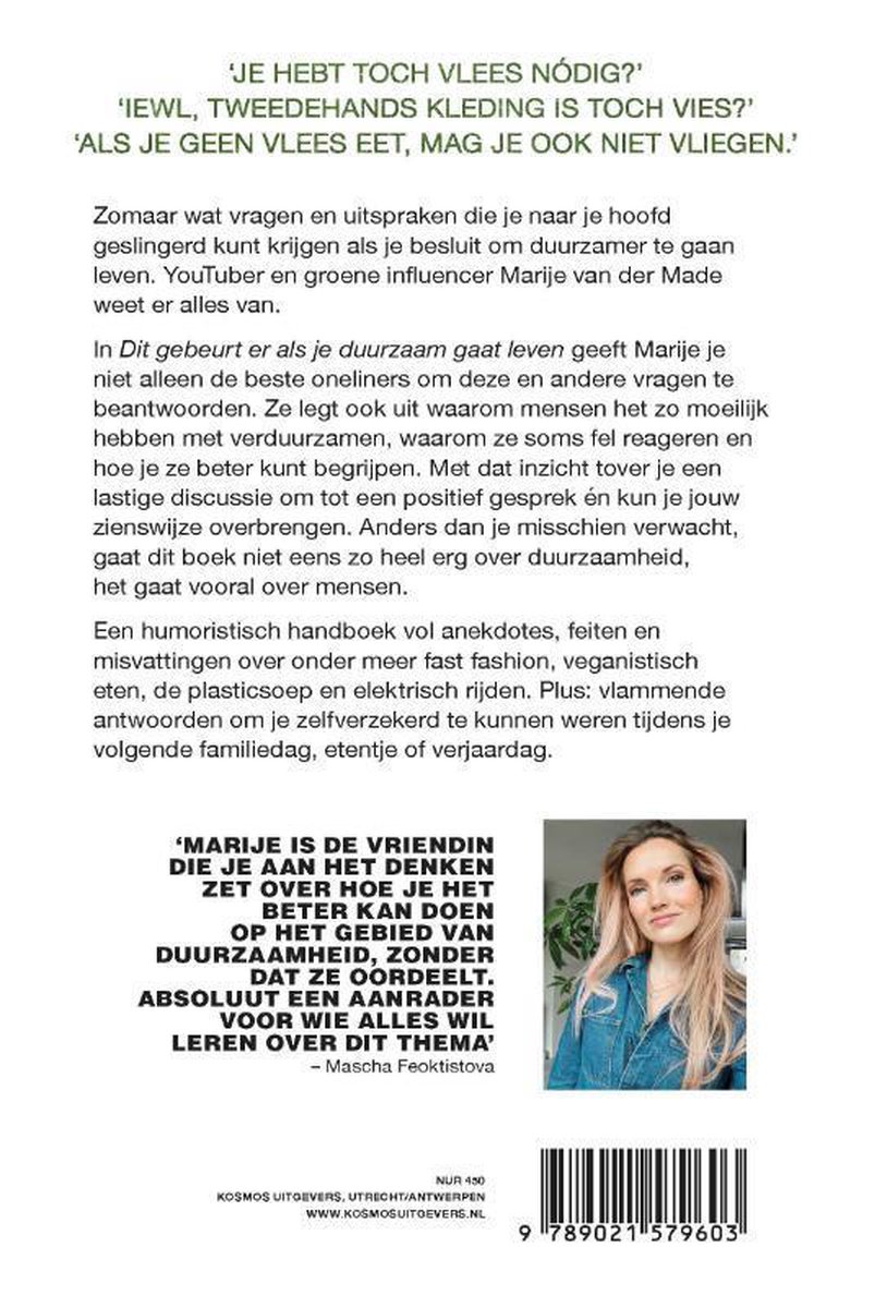Achterkant van een boek met tekst en een portretfoto van Marije van der Made. De barcode is zichtbaar.