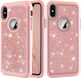 Glitterpoeder Contrast-huid Schokbestendig siliconen + pc-beschermhoes voor iPhone X / XS (roségoud)