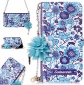 Voor Huawei P8 Lite (2017) Blauw en Wit Porselein Patroon Horizontale Flip Leren Case met Houder & Kaartsleuven & Parel Bloem Ornament & Ketting