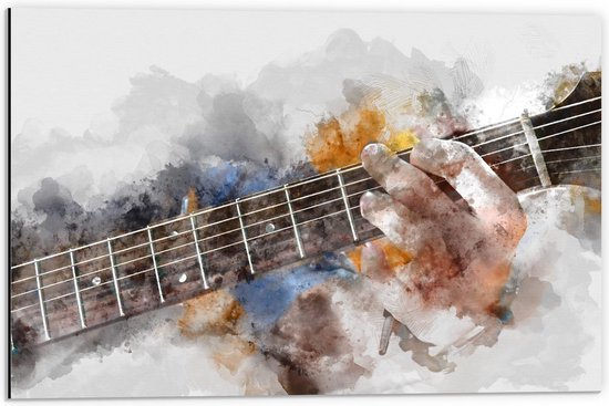 Dibond - Waterverftekening van Hand op Gitaar - 60x40cm Foto op Aluminium (Met Ophangsysteem)