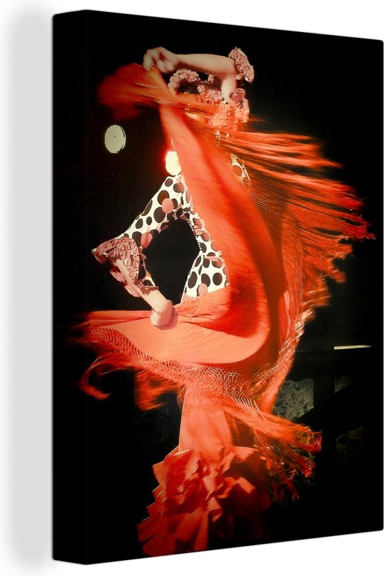 Canvas schilderij 120x160 cm - Wanddecoratie Een danser die de flamenco doet voor een zwarte achtergrond - Muurdecoratie woonkamer - Slaapkamer decoratie - Kamer accessoires - Schilderijen