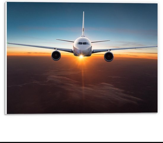 Forex - Vliegtuig boven de Wolken met Zonnetje - 40x30cm Foto op Forex