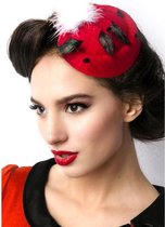 Burlesque pin up hoedje fascinator - Atixo Kostuum Hoed Mini Hat Rood - pompom wit veertjes