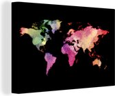 Canvas Wereldkaart - 90x60 - Wanddecoratie Wereldkaart - Regenboog - Waterverf