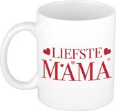 Liefste mama mok / beker wit met rode tekst en hartjes - cadeau Moederdag / verjaardag