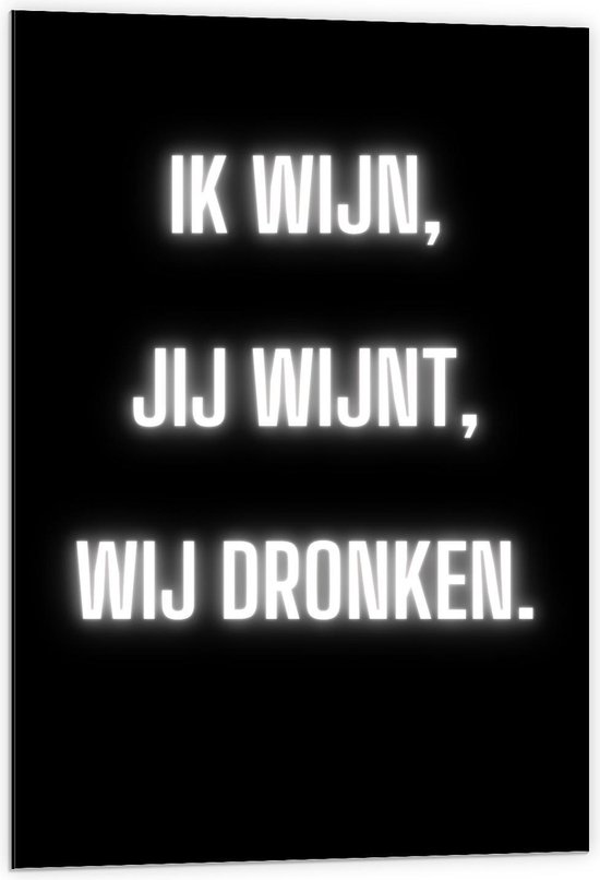 Dibond - Tekst: ''Ik Wijn, Jij Wijnt, WIj dronken'' Neon Letters Wit/Zwart - 60x90cm Foto op Aluminium (Met Ophangsysteem)