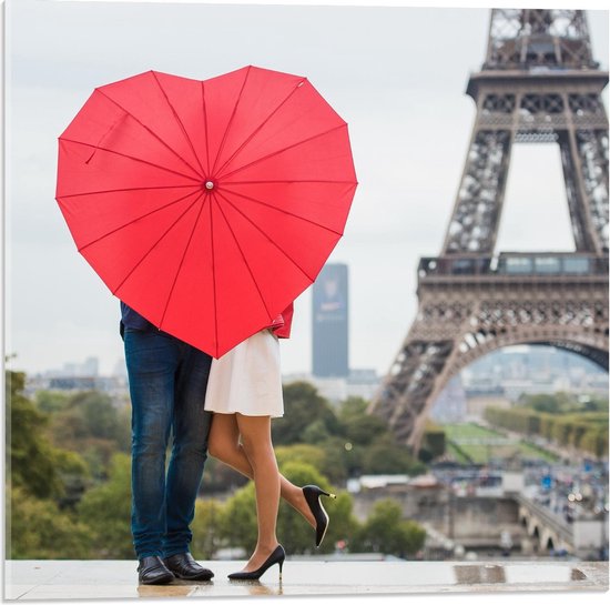 Acrylglas - Liefdes Paraplu bij Eiffeltoren - 50x50cm Foto op Acrylglas (Wanddecoratie op Acrylglas)