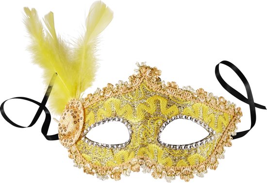 dressforfun - Venetiaans masker met zijdelingse veer geel - verkleedkleding kostuum halloween verkleden feestkleding carnavalskleding carnaval feestkledij partykleding - 303547