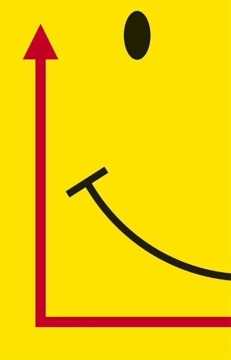 Gele achtergrond met een opwaartse rode pijl die een lijn van een smiley vormt, met een zwarte stip als oog.