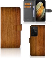 Telefoonhoesje Geschikt voor Samsung Galaxy S21 Ultra Wallet Book Case Donker Hout