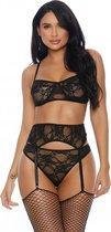 Lace Me Down Bra, Garter Belt and Panty - Black